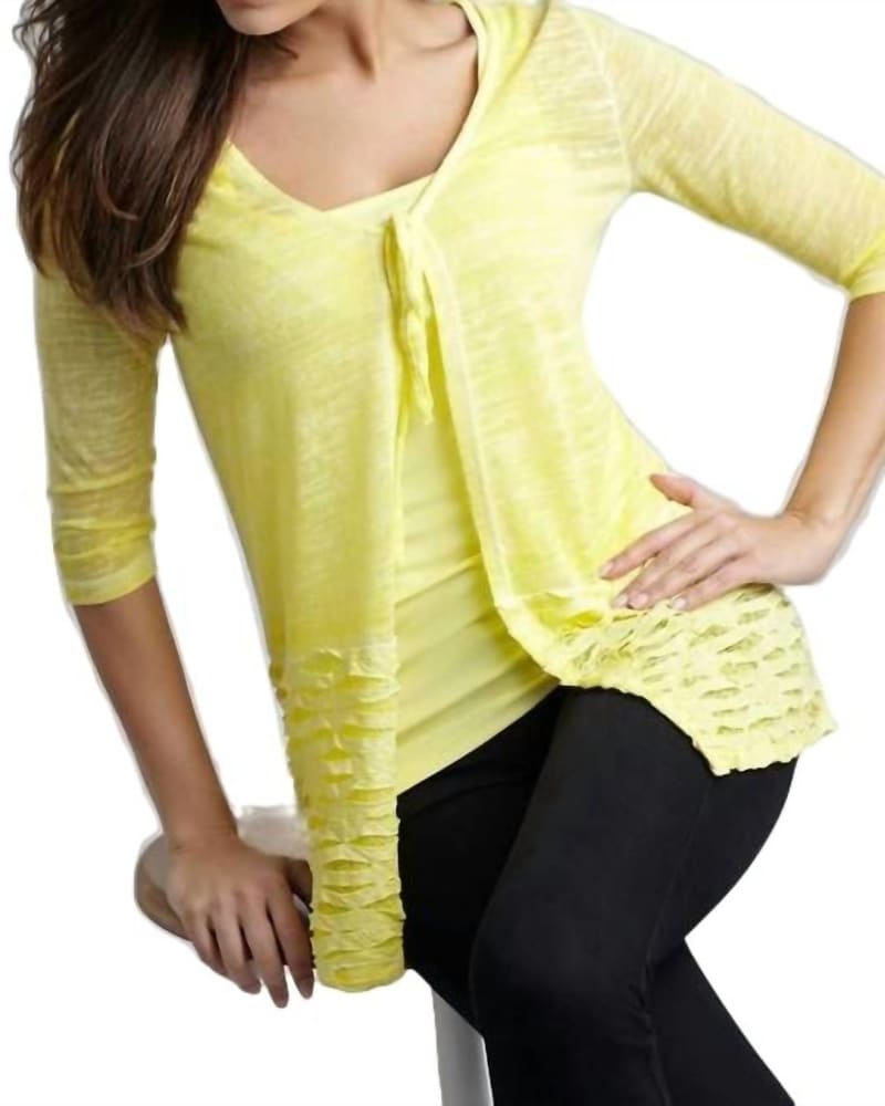 Front of a model wearing a size LG Tie-Front Melange Cardigan in Yellow in Yellow by ANGEL. | dia_product_style_image_id:326934